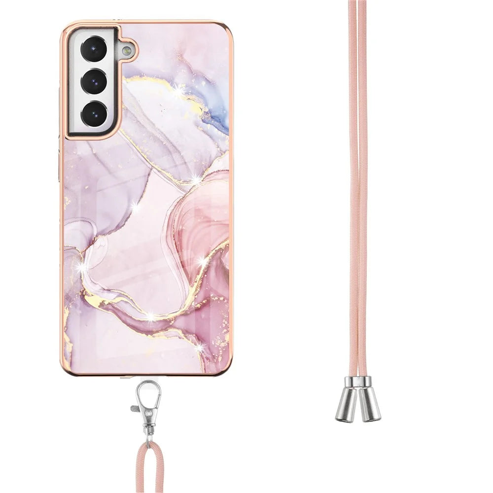 Case with Shoulder Strap IMD IML Flower Pattern TPU Back Cover for Samsung Galaxy S21 FE 5G - Rose Gold 005 - 3