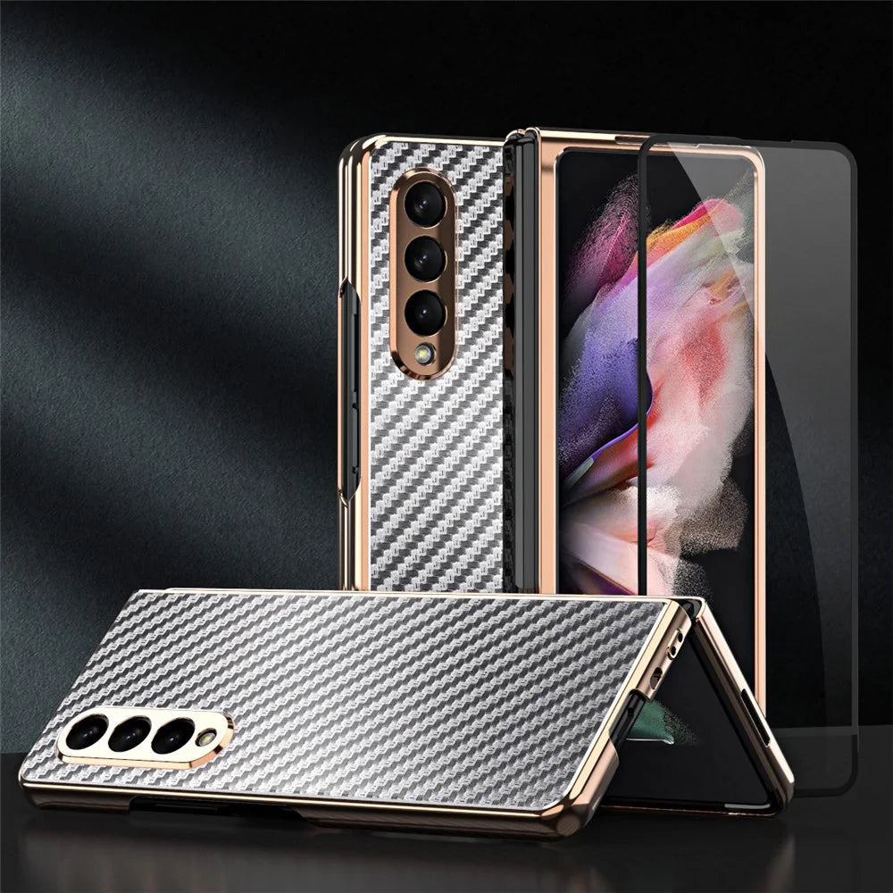 Vacuum Plating Frame Carbon Fiber Texture PU Leather Coated PC Case with Screen Film for Samsung Galaxy Z Fold3 5G - Grey - 2