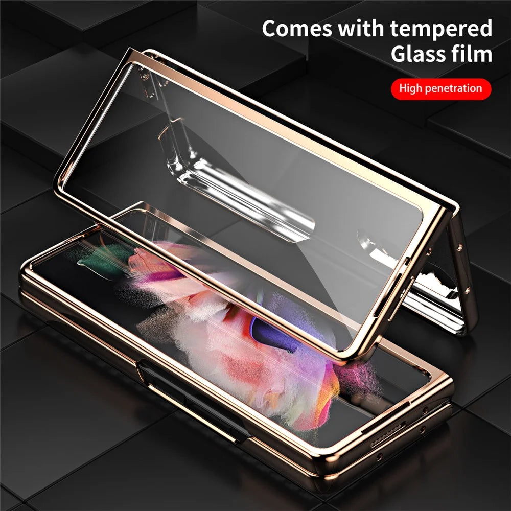 Vacuum Plating Frame Carbon Fiber Texture PU Leather Coated PC Case with Screen Film for Samsung Galaxy Z Fold3 5G - Grey - 7