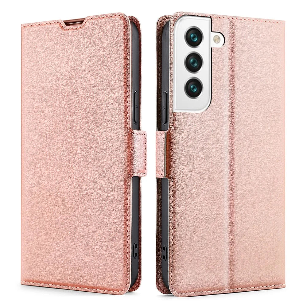 360 Degree Protection Side Magnetic Closure Ultra-thin Leather Phone Card Slot Stand Cover Case for Samsung Galaxy S22 5G - Rose Gold - 1