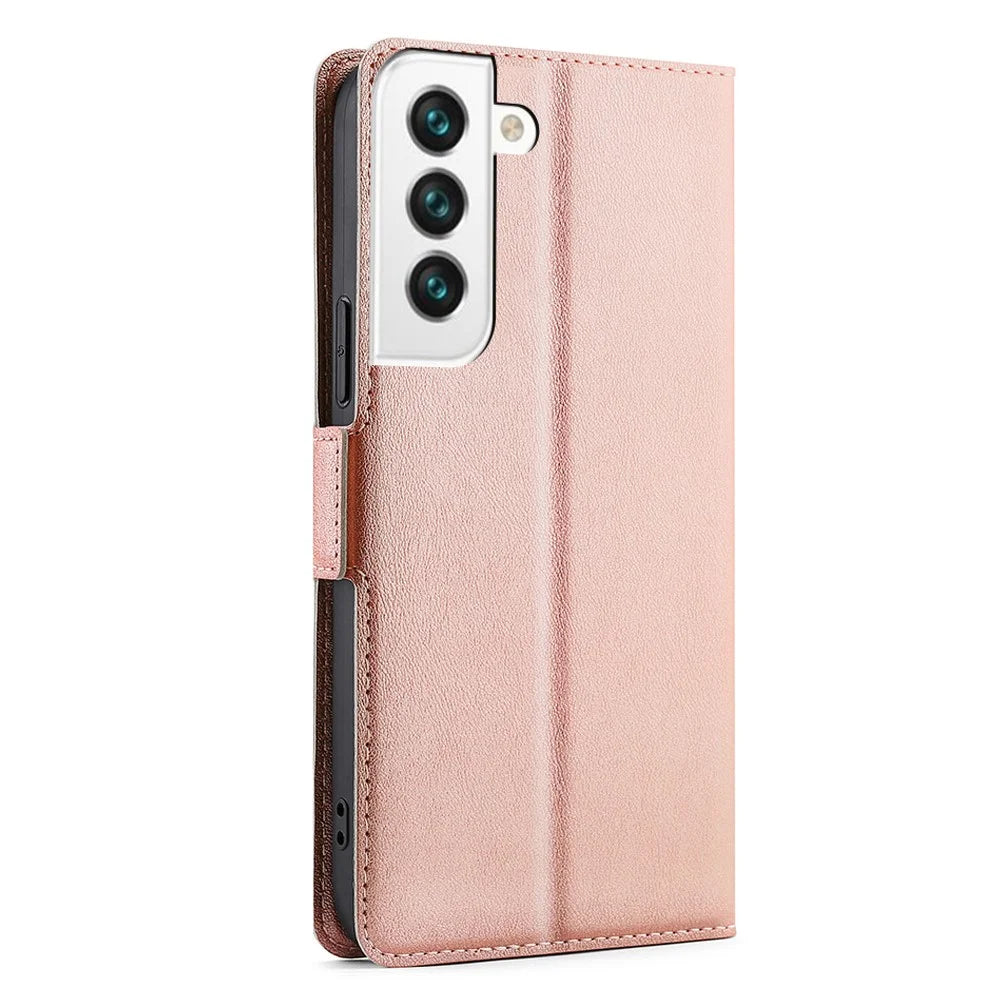 360 Degree Protection Side Magnetic Closure Ultra-thin Leather Phone Card Slot Stand Cover Case for Samsung Galaxy S22 5G - Rose Gold - 3