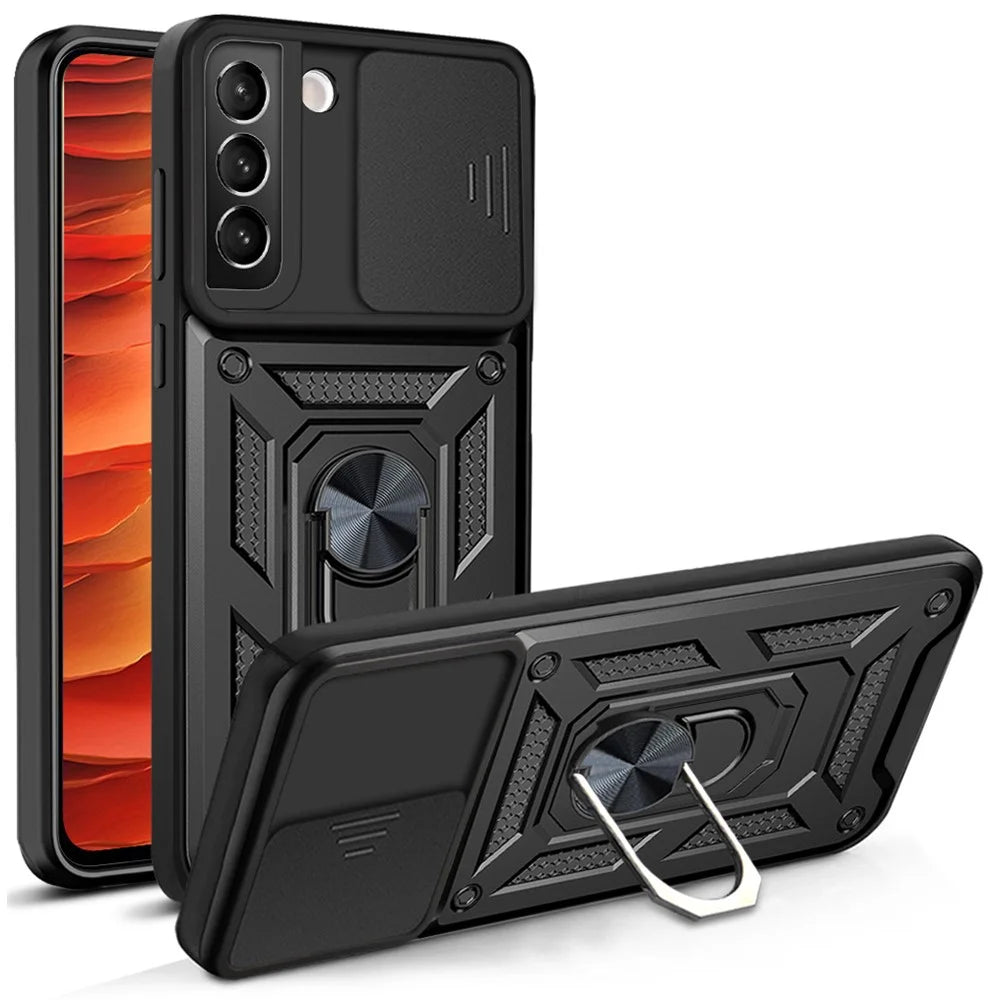 Heavy Duty PC + TPU Protective Phone Case with Slide Camera Protector and Ring Kickstand for Samsung Galaxy S22 5G - Black - 1