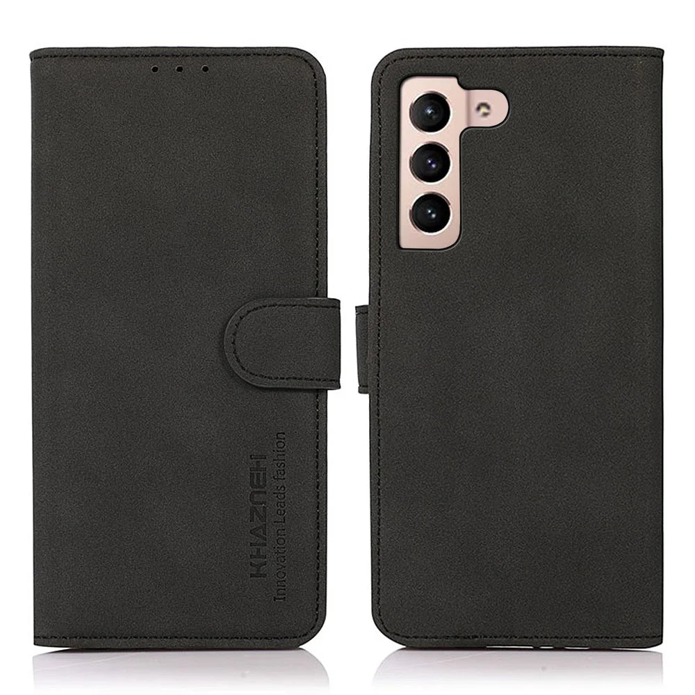 KHAZNEH Wallet Design Book-Style Flip Delicate Textured Leather Phone Cover Stand Case for Samsung Galaxy S22 5G - Black - 1