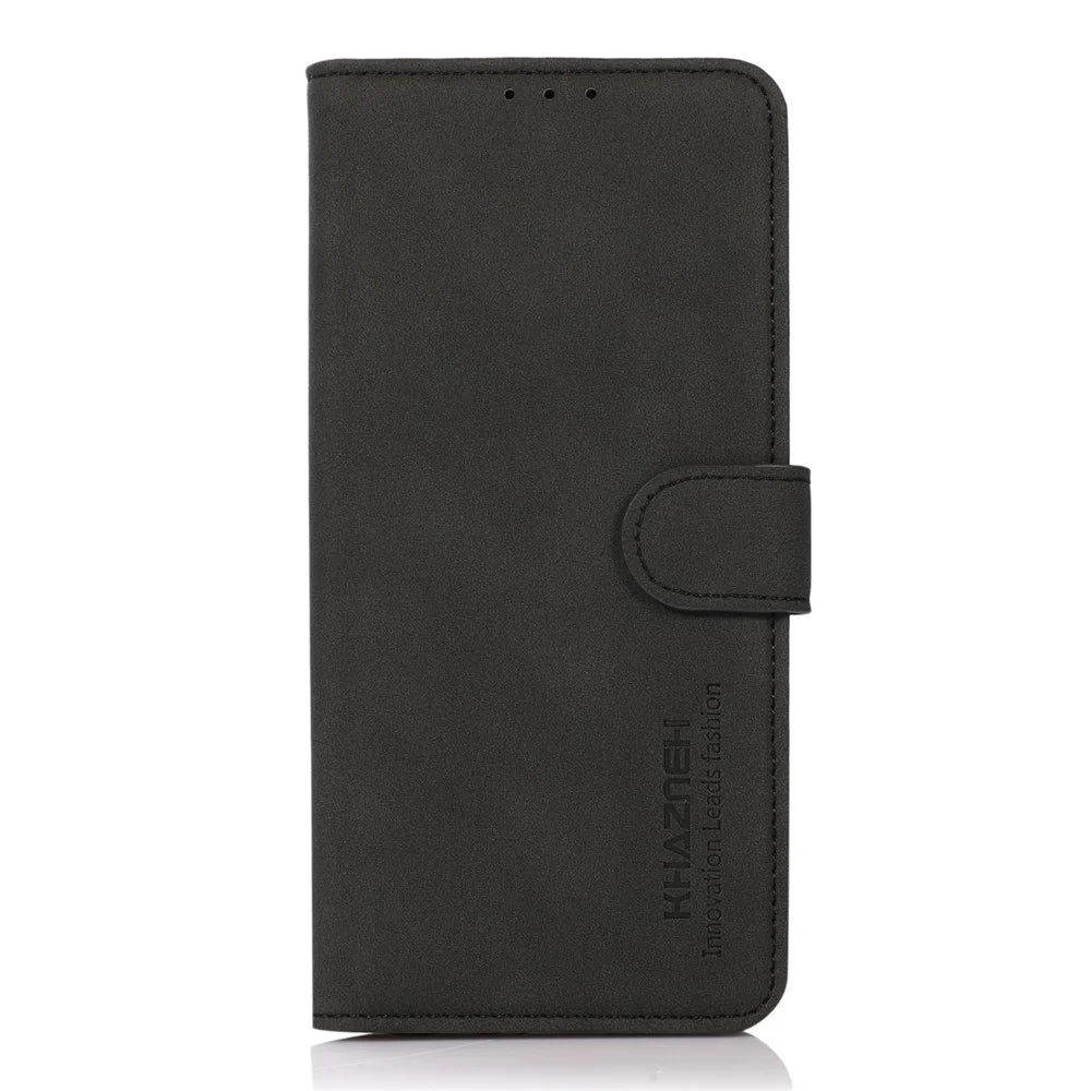 KHAZNEH Wallet Design Book-Style Flip Delicate Textured Leather Phone Cover Stand Case for Samsung Galaxy S22 5G - Black - 2