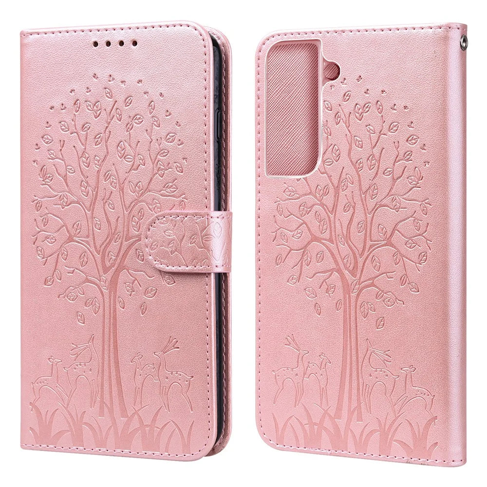 Deer and Tree Imprinting Stand Feature PU Leather Wallet Shockproof Flip Magnetic Case for Samsung Galaxy S22 5G - Pink - 1