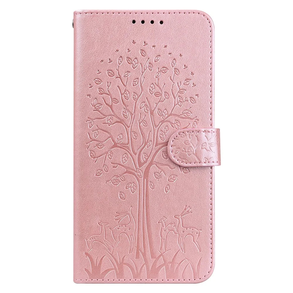 Deer and Tree Imprinting Stand Feature PU Leather Wallet Shockproof Flip Magnetic Case for Samsung Galaxy S22 5G - Pink - 2