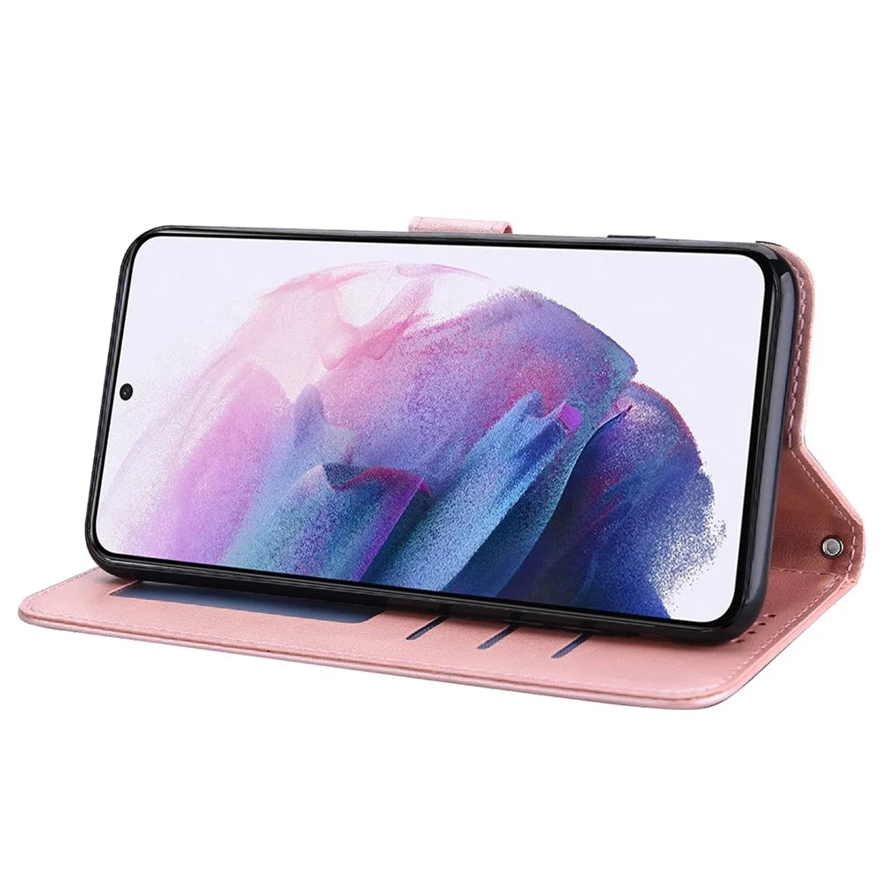Deer and Tree Imprinting Stand Feature PU Leather Wallet Shockproof Flip Magnetic Case for Samsung Galaxy S22 5G - Pink - 5