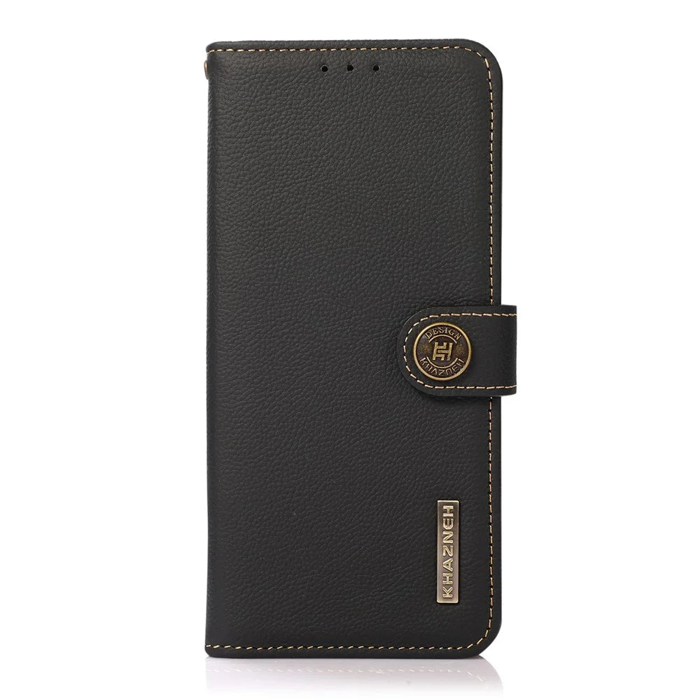 KHAZNEH Impact-proof Textured Genuine Leather Phone Case with Anti-theft Swiping Design for Samsung Galaxy S22 Ultra 5G - Black - 2