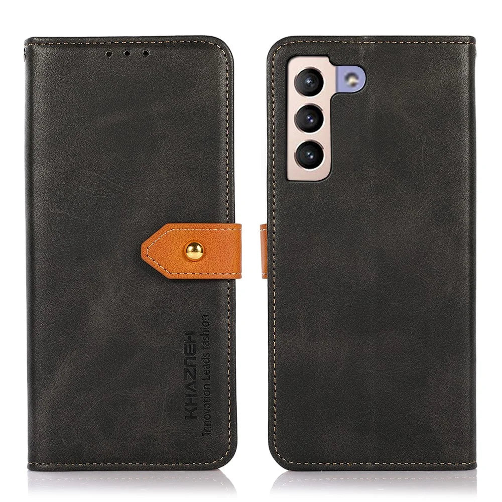 KHAZNEH Golden Magnetic Clasp Fully Wrapped PU Leather Stand Cover Wallet Phone Shell for Samsung Galaxy S22+ 5G - Black - 1