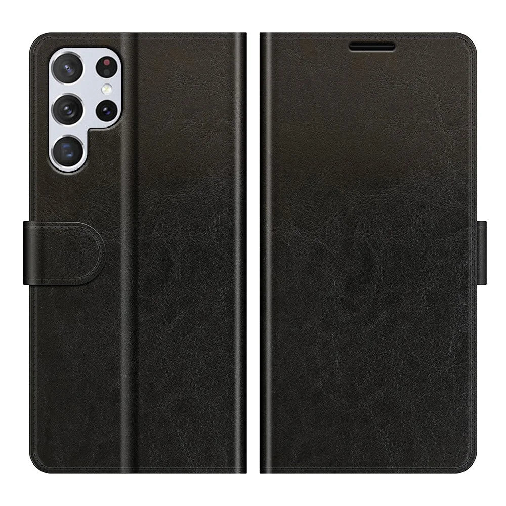 Retro Crazy Horse Texture Shockproof Leather Phone Cover Shell with Wallet Stand Design for Samsung Galaxy S22 Ultra 5G - Black - 1