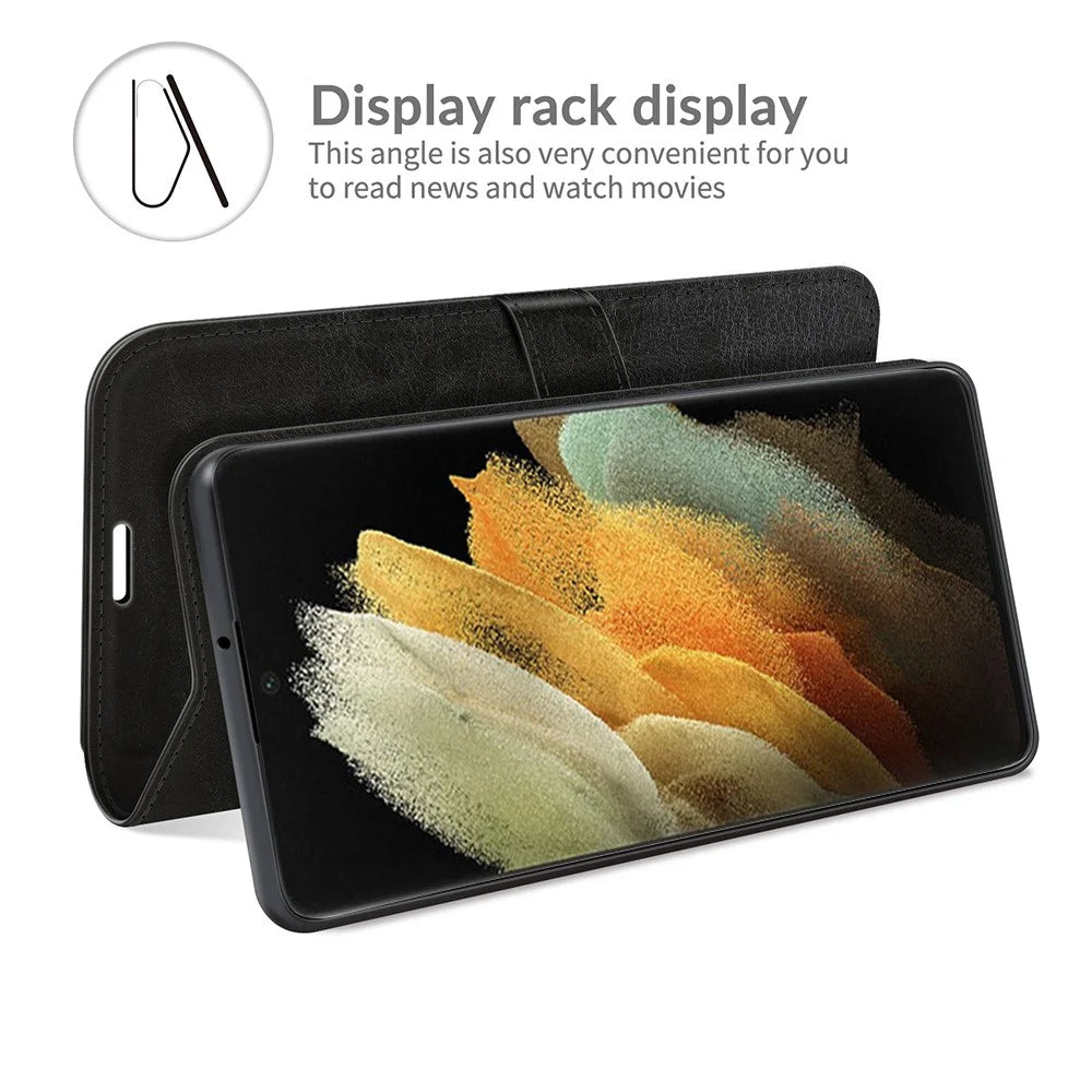 Retro Crazy Horse Texture Shockproof Leather Phone Cover Shell with Wallet Stand Design for Samsung Galaxy S22 Ultra 5G - Black - 6
