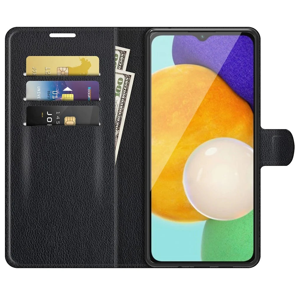 Folio Flip Magnetic Closure Litchi Texture PU Leather + Inner TPU Stand Wallet Cover for Samsung Galaxy A13 5G / A04s 4G (164.7mm) - Black - 4