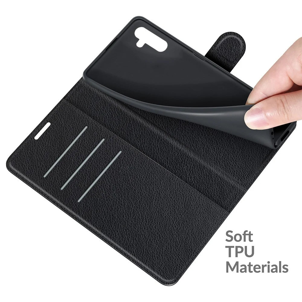 Folio Flip Magnetic Closure Litchi Texture PU Leather + Inner TPU Stand Wallet Cover for Samsung Galaxy A13 5G / A04s 4G (164.7mm) - Black - 7