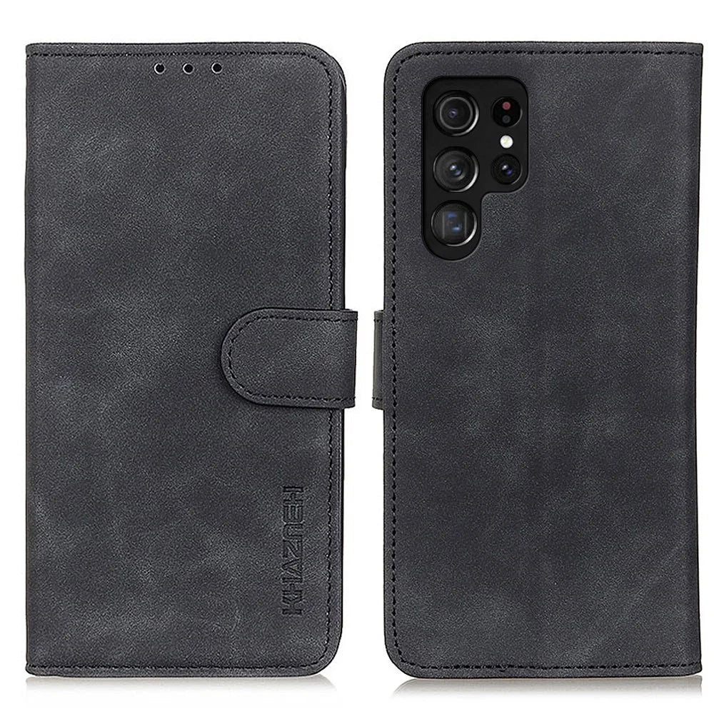 KHAZNEH Vintage Style PU Leather Foldable Stand Phone Cover Protector with Wallet for Samsung Galaxy S22 Ultra 5G - Black - 1