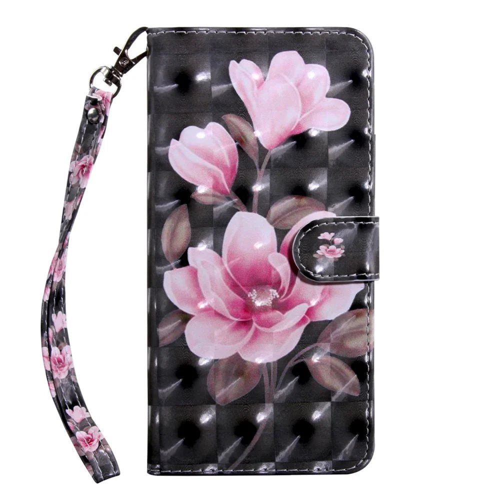 3D Creative Pattern Printing PU Leather Folio Flip Wallet Case Stand Magnetic Closure Cover with Strap for Samsung Galaxy S22 5G - Pink Flowers - 2