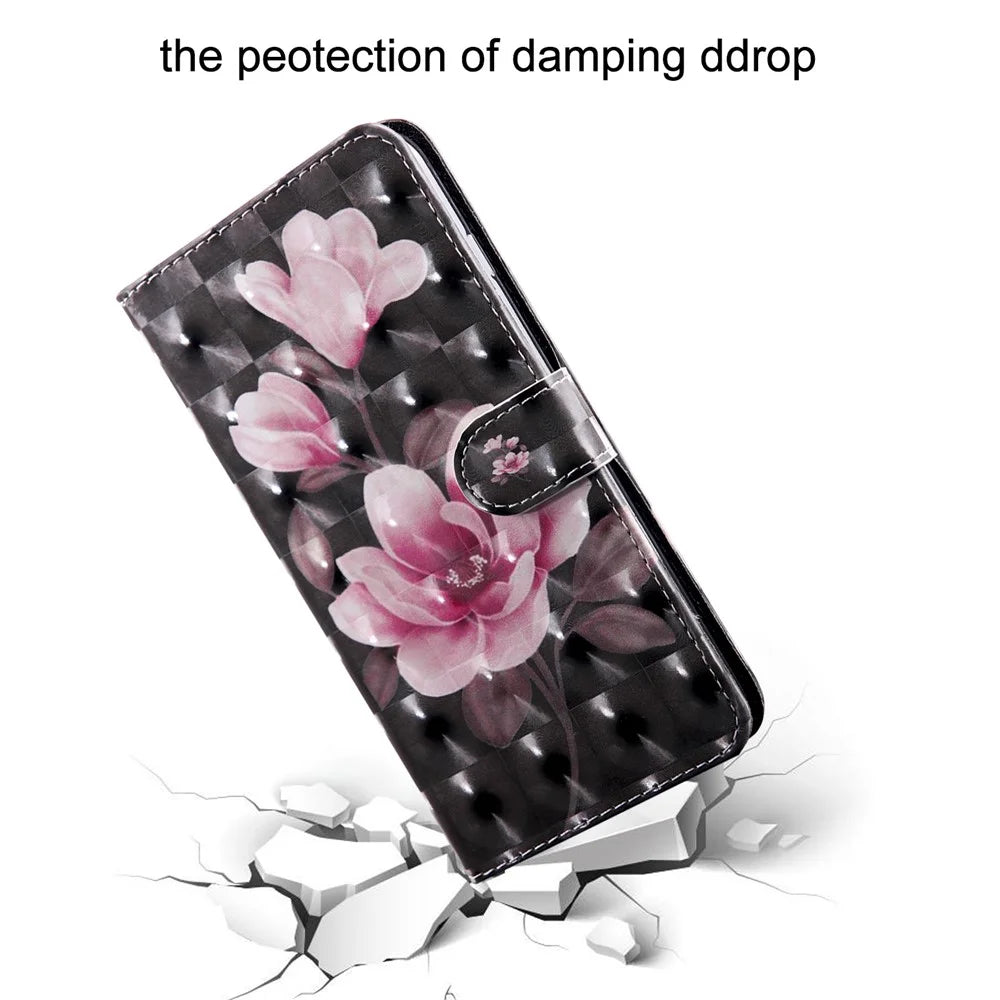 3D Creative Pattern Printing PU Leather Folio Flip Wallet Case Stand Magnetic Closure Cover with Strap for Samsung Galaxy S22 5G - Pink Flowers - 4