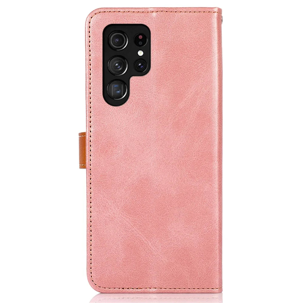 KHAZNEH Folio Flip Magnetic Golden Clasp PU Leather Wallet Stand Phone Cover Shell for Samsung Galaxy S22 Ultra 5G - Rose Gold - 3