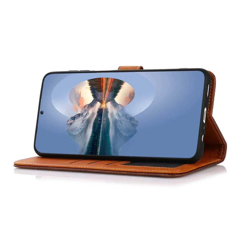 KHAZNEH Folio Flip Magnetic Golden Clasp PU Leather Wallet Stand Phone Cover Shell for Samsung Galaxy S22 Ultra 5G - Rose Gold - 4