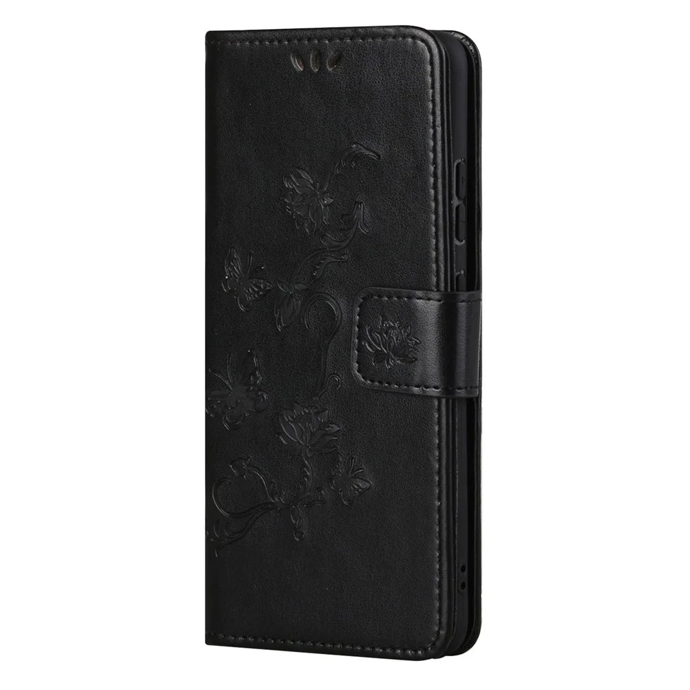 Butterfly Flower Imprinting Anti-Scratch Anti-Drop Leather Phone Wallet Stand Cover with Strap for Samsung Galaxy M52 5G - Black - 2
