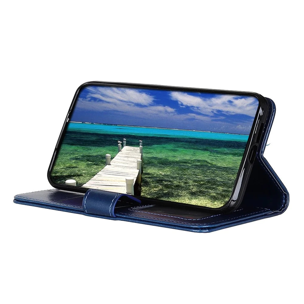 For Samsung Galaxy M52 5G Shockproof Crazy Horse Texture PU Leather Wallet Stand Case Folio Flip Magnetic Protective Cover - Blue - 5