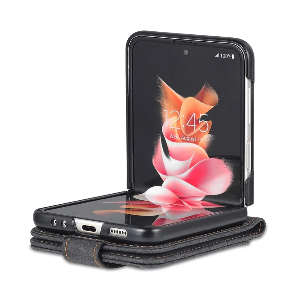 AZNS PU Leather Card Slots Magnetic Clasp Anti-Fall Phone Cover with Stand for Samsung Galaxy Z Flip3 5G - Black - 3