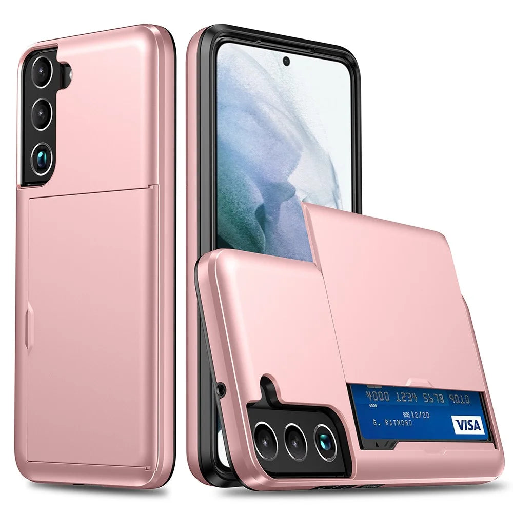 For Samsung Galaxy S22 5G Slide Card Holder Anti-drop Smartphone Case Light Slim Stylish PC + TPU Hybrid Phone Cover - Rose Gold - 1