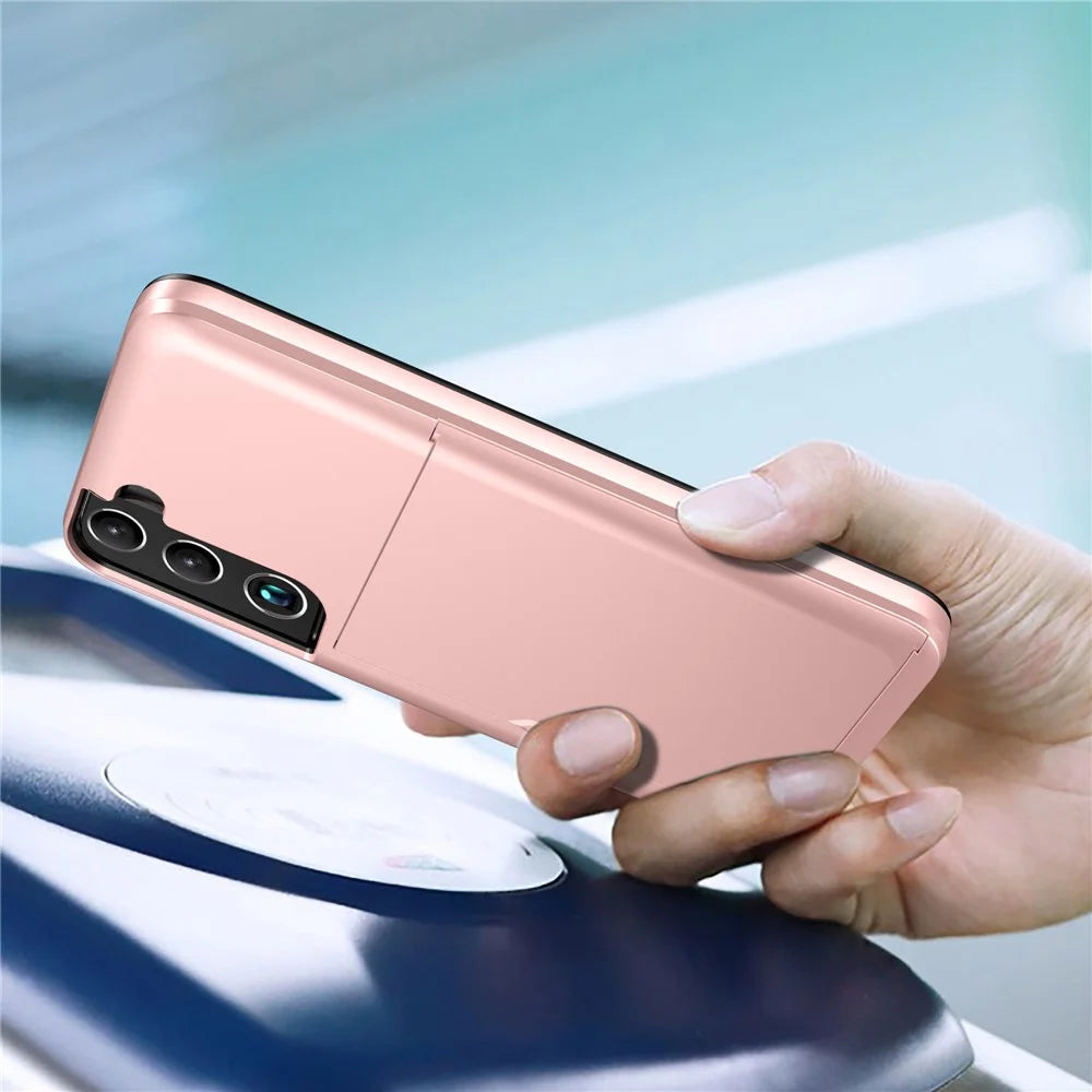 For Samsung Galaxy S22 5G Slide Card Holder Anti-drop Smartphone Case Light Slim Stylish PC + TPU Hybrid Phone Cover - Rose Gold - 2
