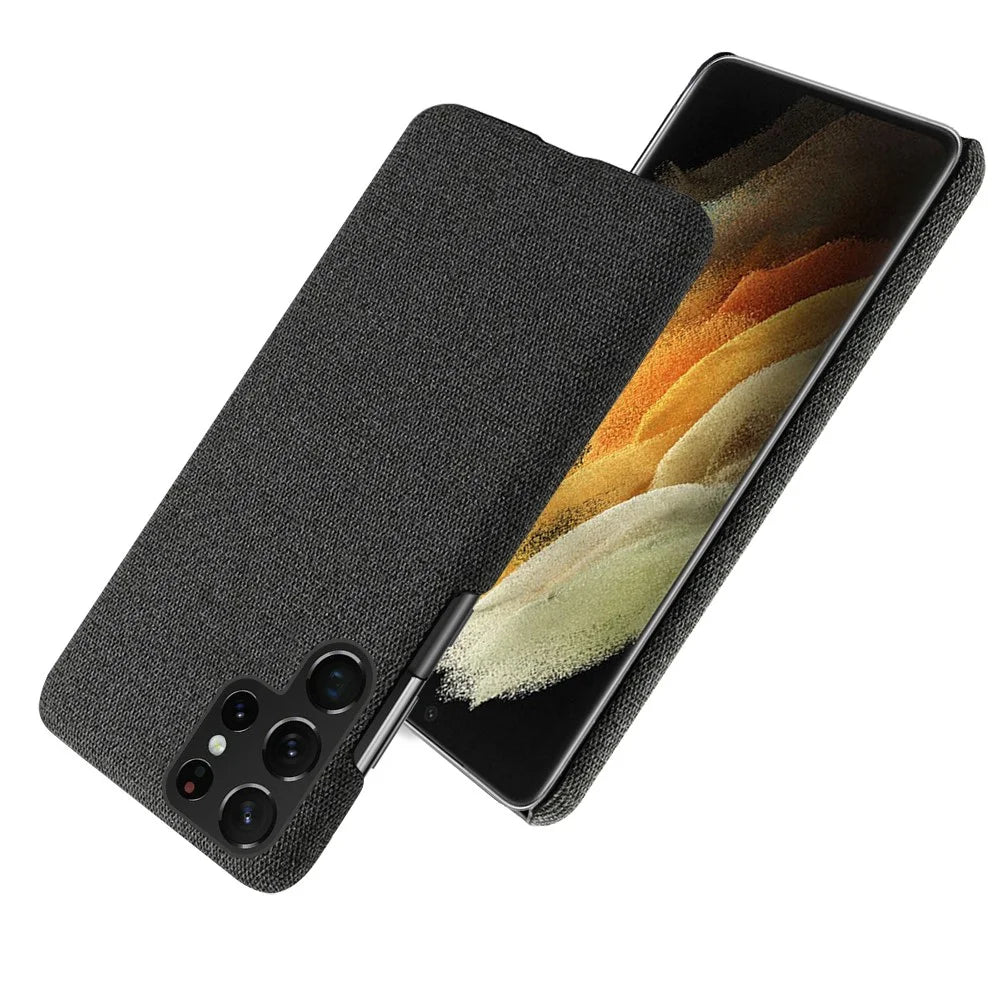 For Samsung Galaxy S22 Ultra 5G Phone Back Shell Quality Cloth Coated Plastic Phone Case - Black - 5