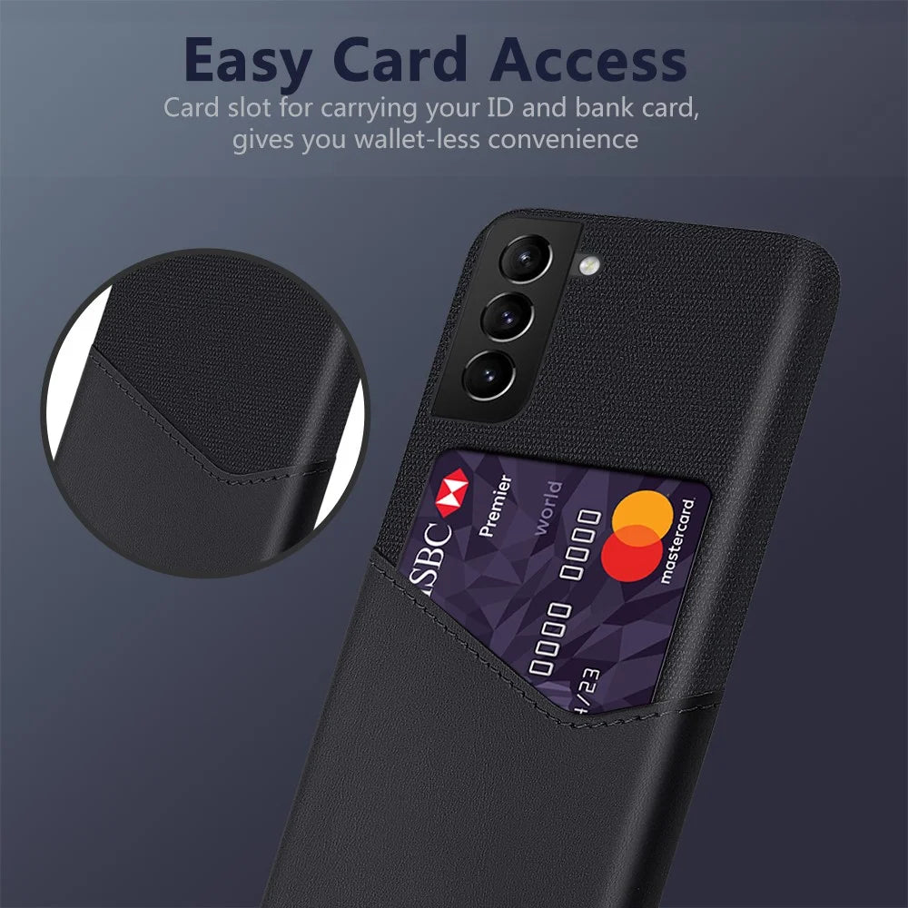 Card Slot Holder Cloth Texture Hybrid Protective Rugged Phone Case for Samsung Galaxy S22+ 5G - Black - 2