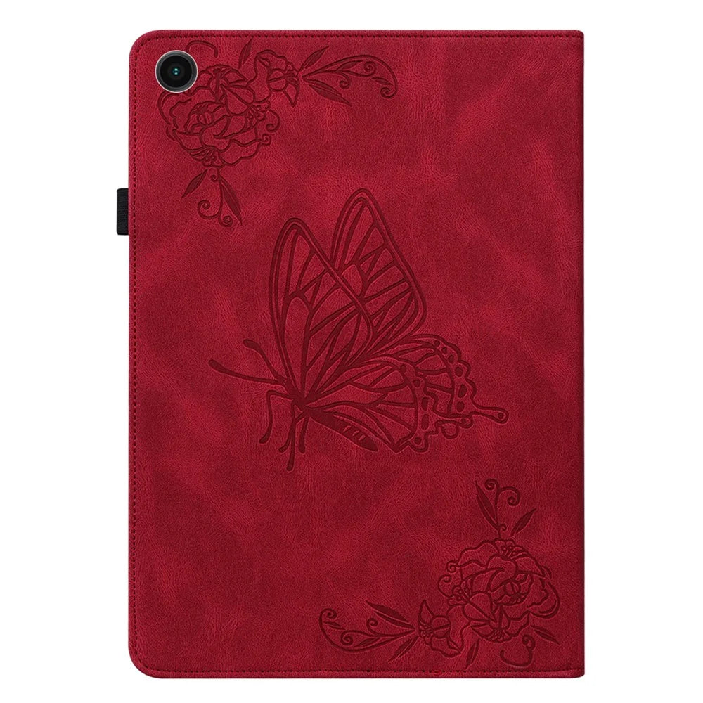 PU Leather Stand Butterfly Flower Imprinted Premium Flip Protective Case with Card Slots and Elastic Band for Samsung Galaxy Tab A8 10.5'' 2021 - Red - 3