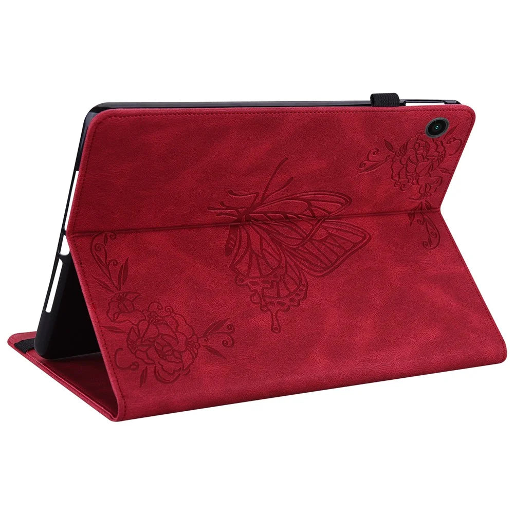 PU Leather Stand Butterfly Flower Imprinted Premium Flip Protective Case with Card Slots and Elastic Band for Samsung Galaxy Tab A8 10.5'' 2021 - Red - 6