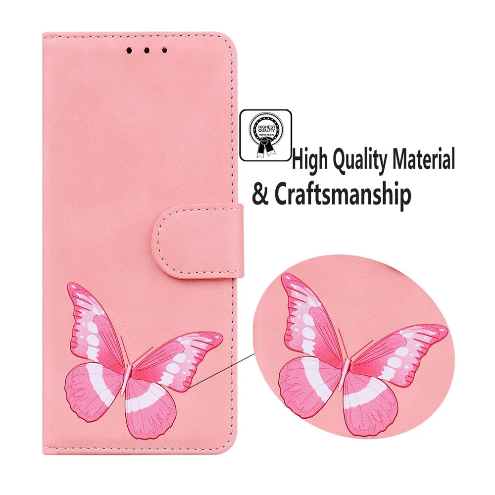Wallet Stand Design Big Butterfly Color Printing Skin-Touch PU Leather Phone Cover Shell for Samsung Galaxy A02s (166.5mm) - Pink - 5