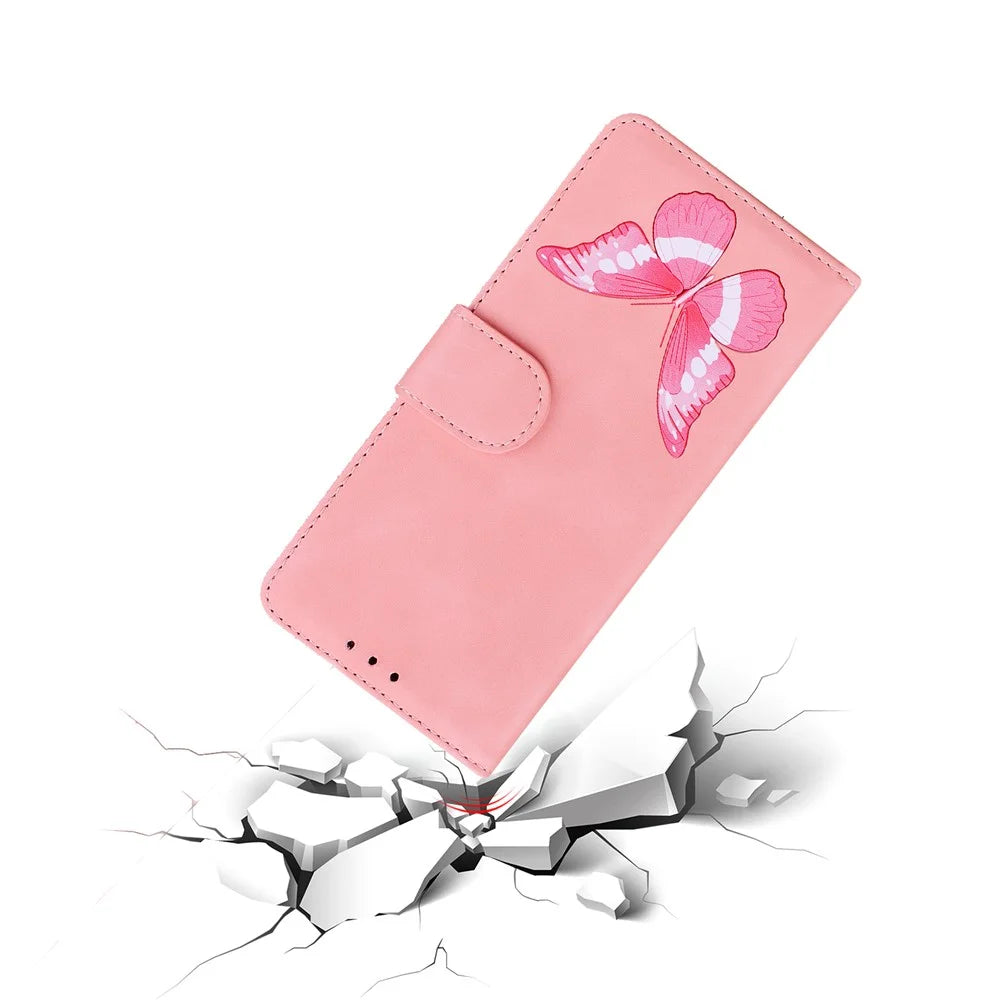 Wallet Stand Design Big Butterfly Color Printing Skin-Touch PU Leather Phone Cover Shell for Samsung Galaxy A02s (166.5mm) - Pink - 6