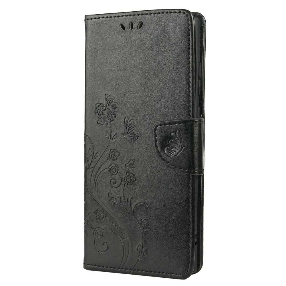 Imprinting Butterflies Flowers Stand Wallet Leather Cover TPU Phone Case for Samsung Galaxy S22 Ultra 5G - Black - 2