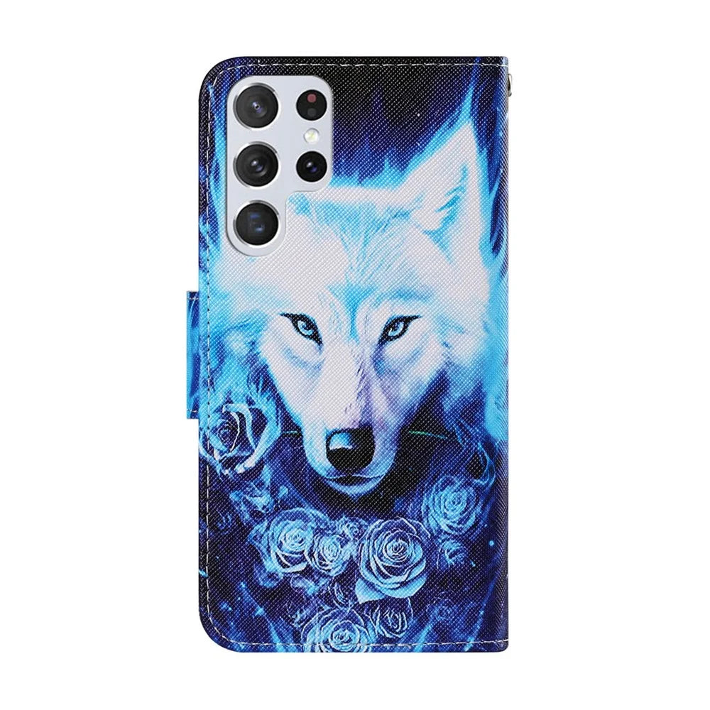 Full Protection Pattern Printing Leather Stand Wallet Case Phone Cover Protector with Wrist Strap for Samsung Galaxy S22 Ultra 5G - Rose and Wolf - 3
