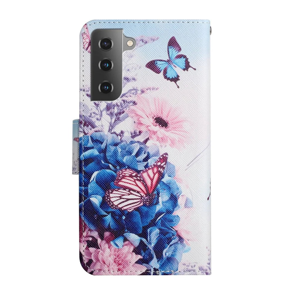 Cross Texture Pattern Printing All-round Protection Leather Phone Case Stand Wallet Shell with Hand Strap for Samsung Galaxy S22+ 5G - Purple Butterfly - 3