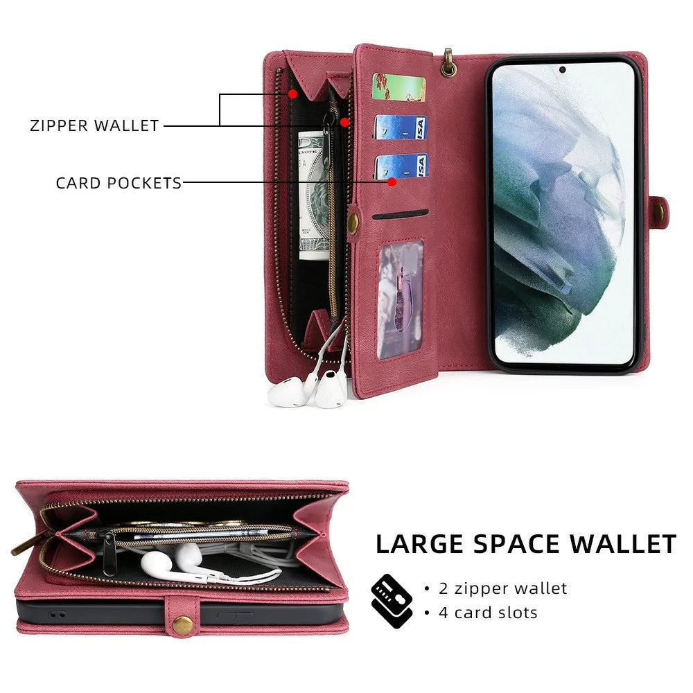 MEGSHI 017 Series Handy Strap Drop-proof Magnetic Absorption Multi-function Zippered Wallet Detachable Leather Cover for Samsung Galaxy S21 FE 5G/S21 Fan Edition - Red - 2
