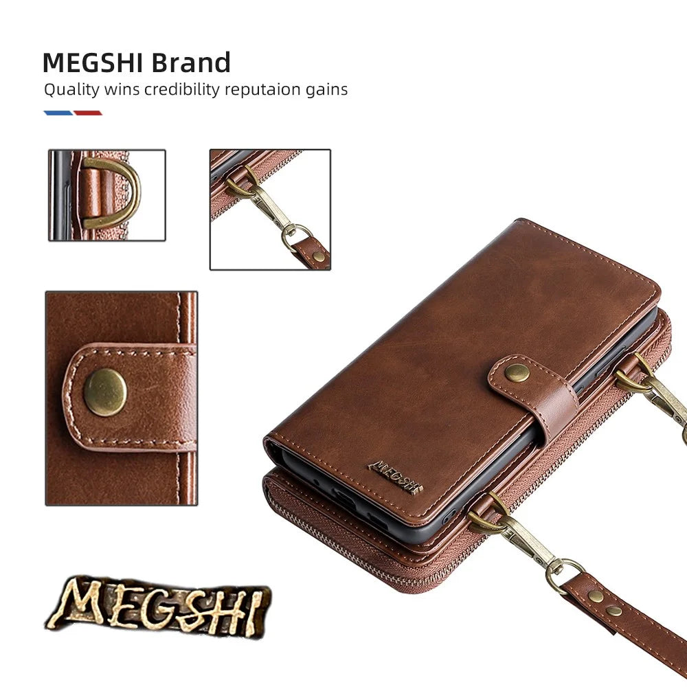 MEGSHI 020 Series Magnetic Absorption Wallet Anti-fall Detachable Design PU Leather TPU Case Shell with Long Strap for Samsung Galaxy A71 5G SM-A716 - Brown - 3