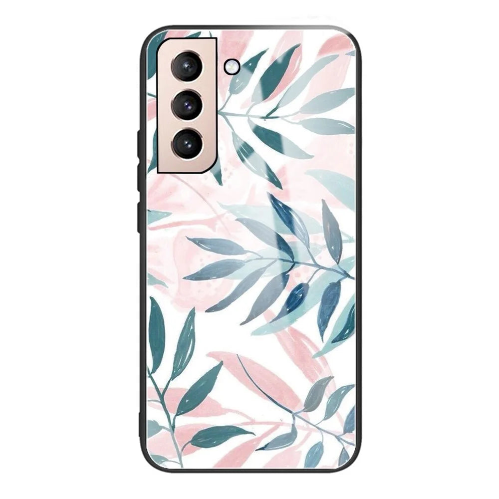 Wear-Resistant Shockproof Pattern Printing Tempered Glass + TPU Phone Protective Cover for Samsung Galaxy S22 5G - Leaf - 1