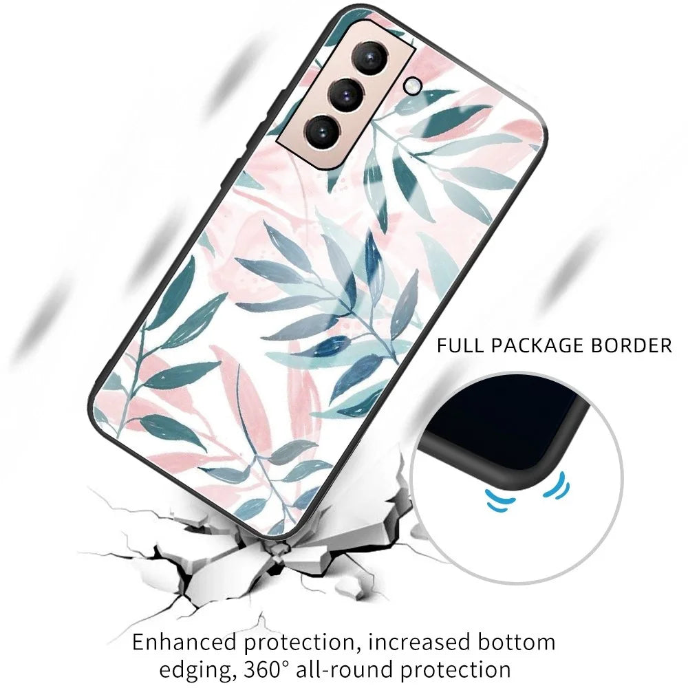 Wear-Resistant Shockproof Pattern Printing Tempered Glass + TPU Phone Protective Cover for Samsung Galaxy S22 5G - Leaf - 2