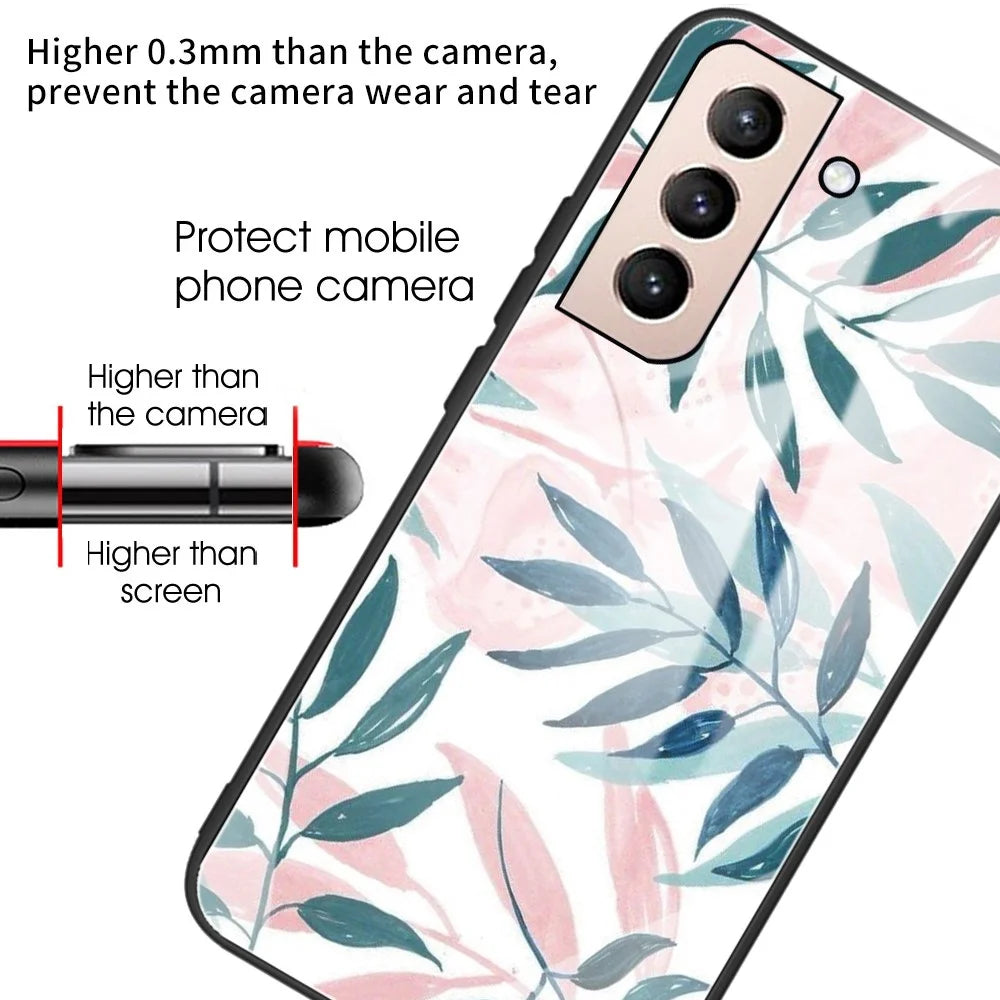 Wear-Resistant Shockproof Pattern Printing Tempered Glass + TPU Phone Protective Cover for Samsung Galaxy S22 5G - Leaf - 3