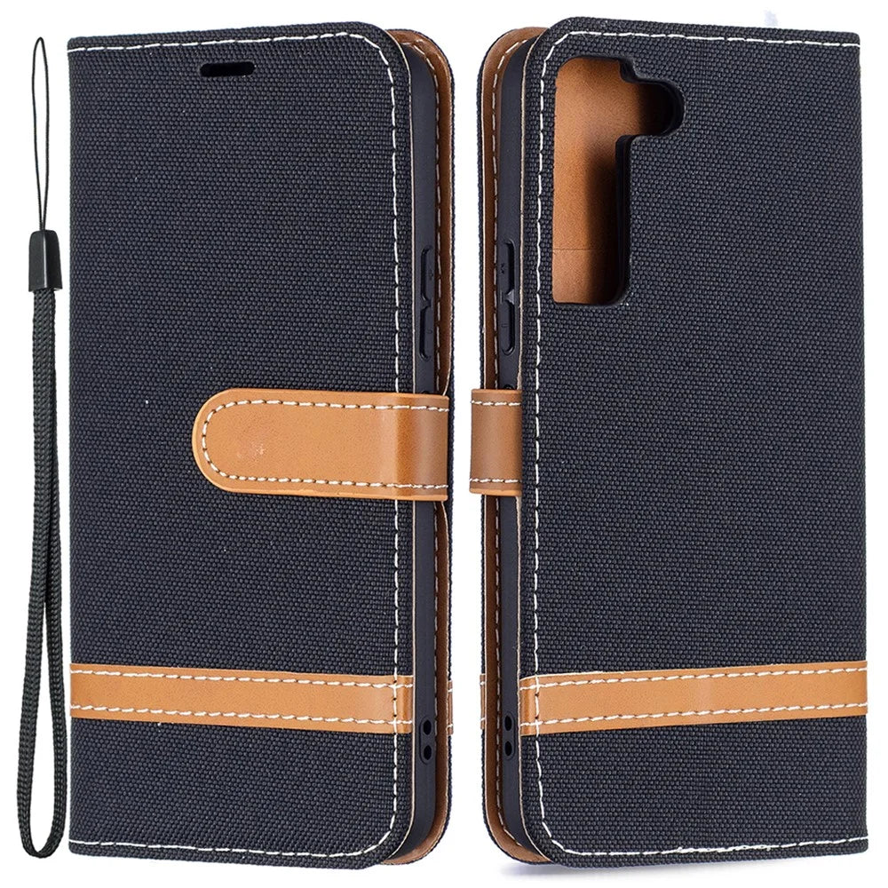 Splicing Jeans Cloth Magnetic Clasp Stand PU Leather Wallet Leather Phone Case with Carrying Lanyard for Samsung Galaxy S22 5G - Black - 1