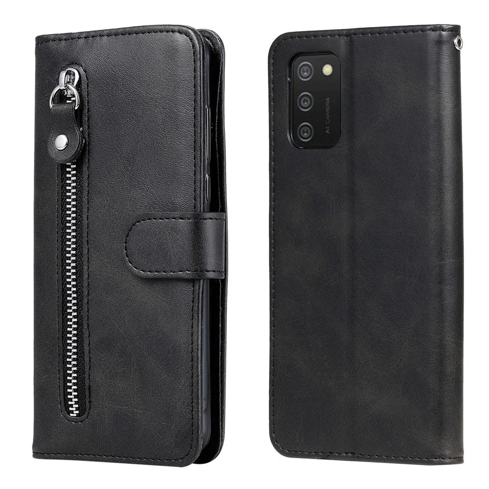 PU Leather Phone Case Drop-Resistant Folio Flip Stand Wallet Zipper Pocket Design Case for Samsung Galaxy A03s (164.2mm) - Black - 1