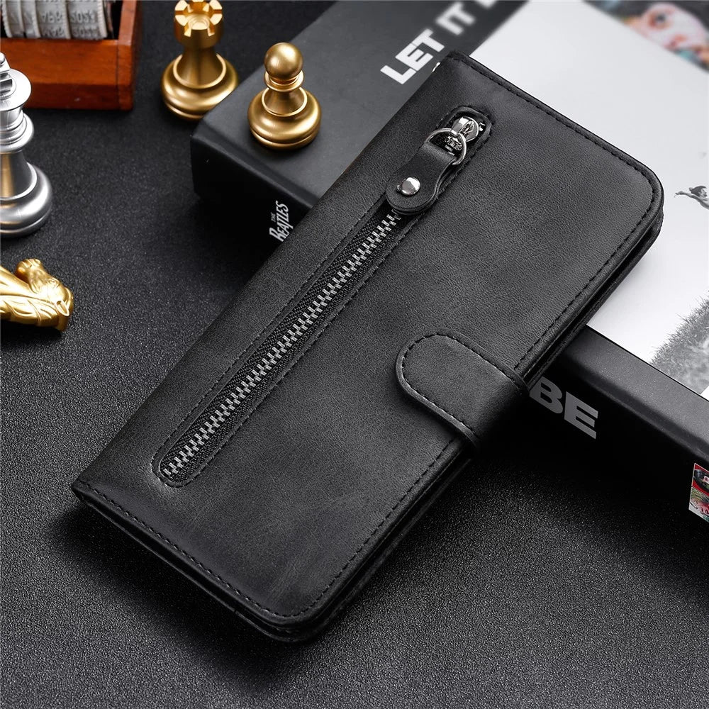 PU Leather Flip Case Zipper Pocket Design Wallet Stand Anti-Drop Case for Samsung Galaxy S22 Ultra 5G - Black - 6
