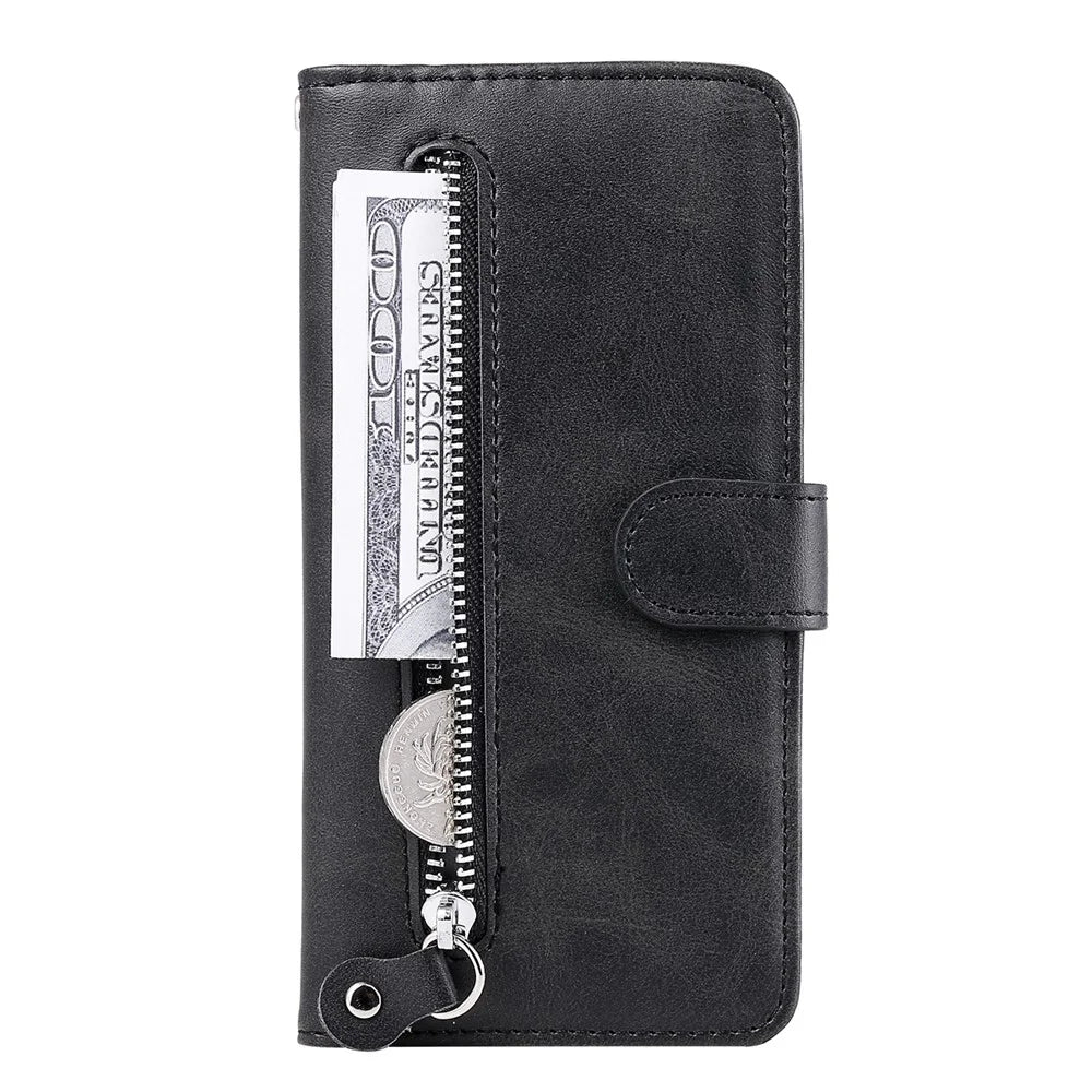 PU Leather Flip Case Zipper Pocket Design Wallet Stand Anti-Drop Case for Samsung Galaxy S22 Ultra 5G - Black - 7