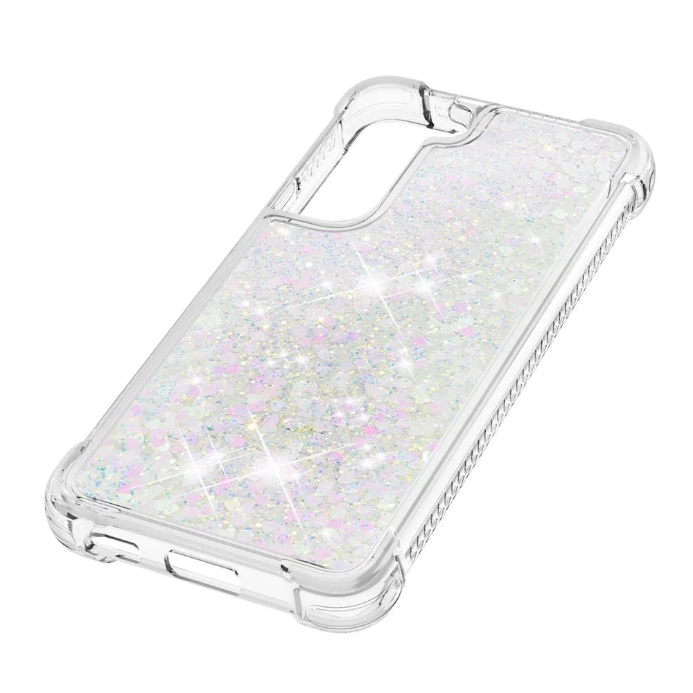 Moving Quicksand Glitter Cover TPU Cute Clear Phone Case for Samsung Galaxy S22 5G - Shiny Hearts - 4