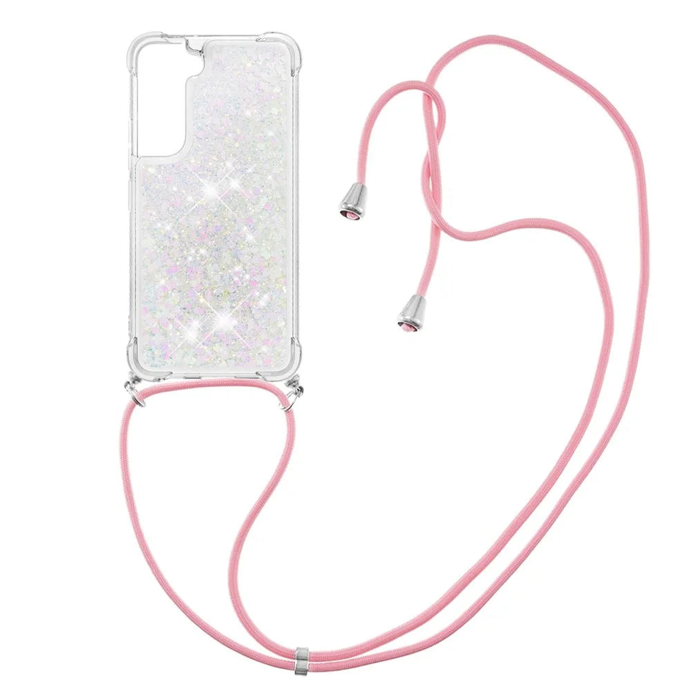 Glitter Quicksand Clear Soft TPU Phone Case with Adjustable Lanyard for Samsung Galaxy S22 5G - Shiny Hearts - 1