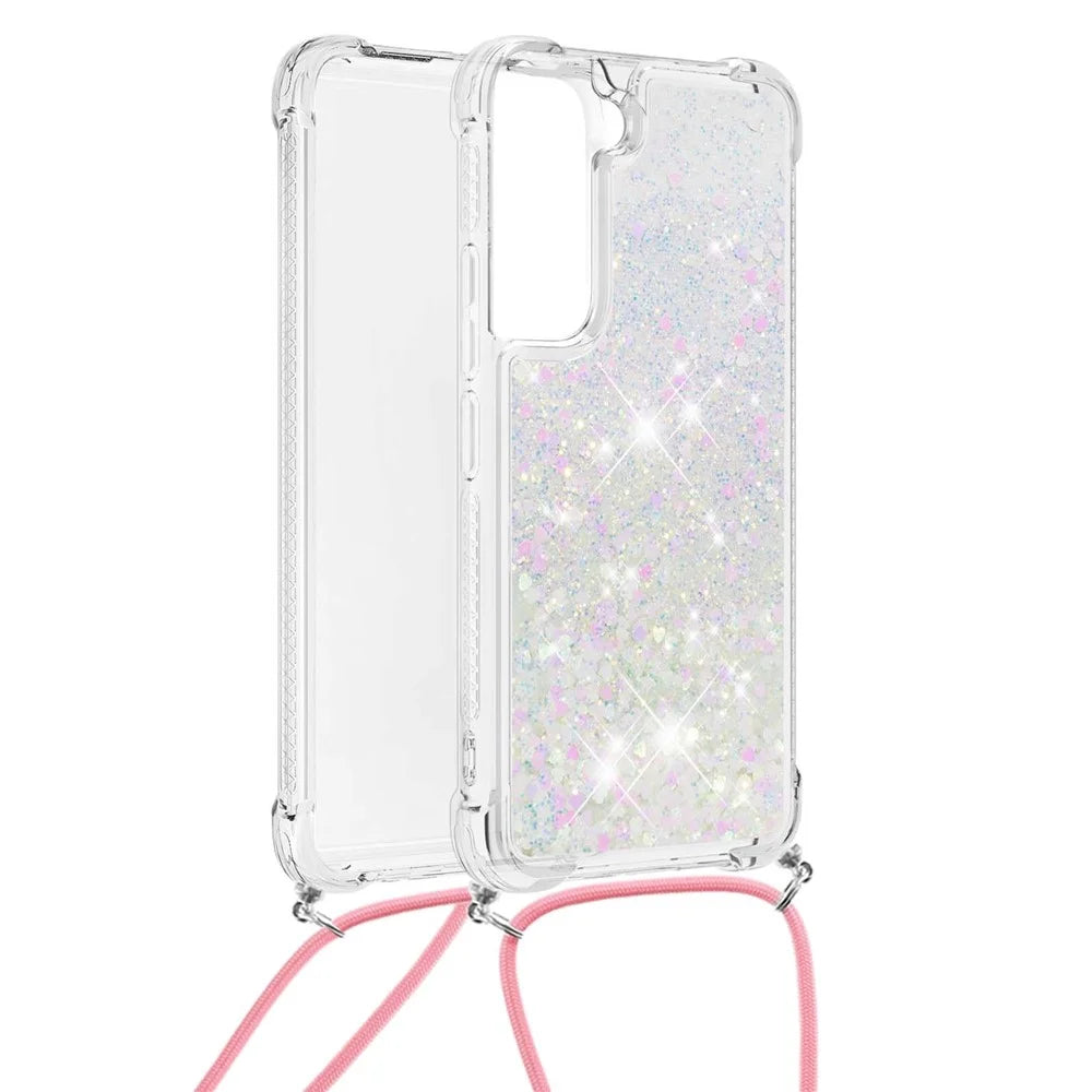 Glitter Quicksand Clear Soft TPU Phone Case with Adjustable Lanyard for Samsung Galaxy S22 5G - Shiny Hearts - 2