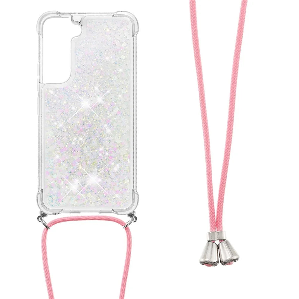 Glitter Quicksand Clear Soft TPU Phone Case with Adjustable Lanyard for Samsung Galaxy S22 5G - Shiny Hearts - 3