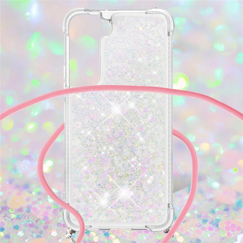 Glitter Quicksand Clear Soft TPU Phone Case with Adjustable Lanyard for Samsung Galaxy S22 5G - Shiny Hearts - 4